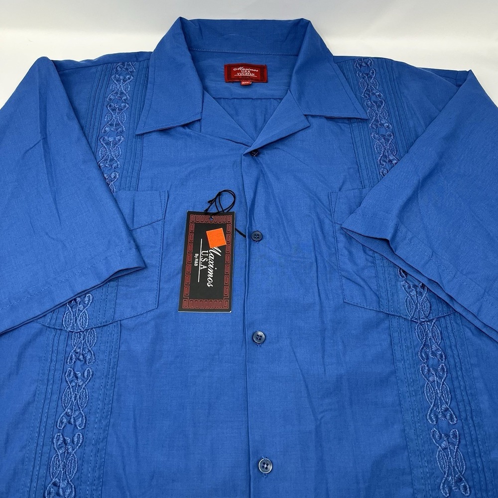 NWT Maximos USA Yucatan 3XL Blue Guayabera Shirt Cuban Cigar Camp Embroidered